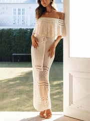 Inrosy robe longue dentelle crochet broderie anglaise dos nu col bateau femme élégant bohème décontracté de soirée