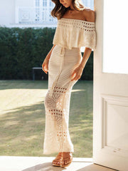 Inrosy robe longue dentelle crochet broderie anglaise dos nu col bateau femme élégant bohème décontracté de soirée