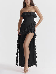 Inrosy robe longue bustier à volantée fendu le côté dos nu sans manches femme élégant mode de soirée de plage