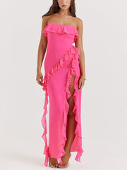 Inrosy robe longue bustier à volantée fendu le côté dos nu sans manches femme élégant mode de soirée de plage