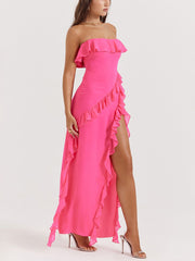 Inrosy robe longue bustier à volantée fendu le côté dos nu sans manches femme élégant mode de soirée de plage