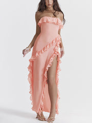 Inrosy robe longue bustier à volantée fendu le côté dos nu sans manches femme élégant mode de soirée de plage