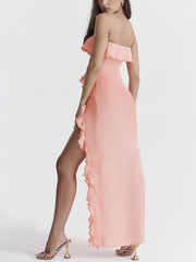 Inrosy robe longue bustier à volantée fendu le côté dos nu sans manches femme élégant mode de soirée de plage