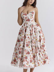 Inrosy longue robe trapèze imprimé à fleurie tutu en tulle dos nu à fines brides femme élégant vintage de soirée bal de promo