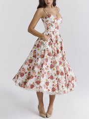 Inrosy longue robe trapèze imprimé à fleurie tutu en tulle dos nu à fines brides femme élégant vintage de soirée bal de promo