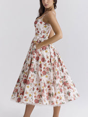 Inrosy longue robe trapèze imprimé à fleurie tutu en tulle dos nu à fines brides femme élégant vintage de soirée bal de promo