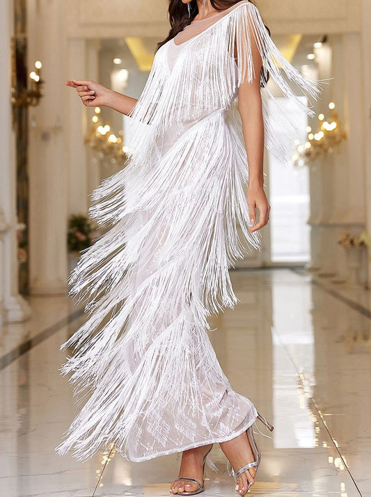 Inrosy robe longue moulante v-cou découpes fendu frange dos nu sans manches femme élégant de soirée pour mariage