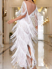 Inrosy robe longue moulante v-cou découpes fendu frange dos nu sans manches femme élégant de soirée pour mariage