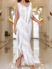 Inrosy robe longue moulante v-cou découpes fendu frange dos nu sans manches femme élégant de soirée pour mariage