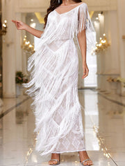 Inrosy robe longue moulante v-cou découpes fendu frange dos nu sans manches femme élégant de soirée pour mariage