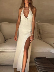 Inrosy robe longue tricotée v-cou fendu le côté dos nu à fines brides sans manches femme casual mode décontracté de plage