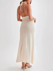 Inrosy robe longue tricotée v-cou fendu le côté dos nu à fines brides sans manches femme casual mode décontracté de plage