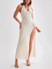 Inrosy robe longue tricotée v-cou fendu le côté dos nu à fines brides sans manches femme casual mode décontracté de plage