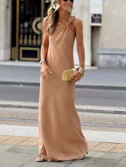 Inrosy robe longue une épaule dos nu sans manches femme bohème élégant décontracté ample de soirée