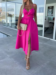 Inrosy mi-longue robe découpes trapèze fendu le côté dos nu à fines brides v-cou sans manches femme de cocktail