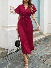 Inrosy mi-longue robe mousseline plissé noeud papillon ceinture v-cou manches courtes femme casual élégant