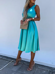 Inrosy mi-longue robe trapèze satin fluide dos nu bretelle v-cou sans manches femme élégant de cocktail