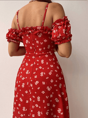 Inrosy mi-longue robe fleurie fendu dos nu à fines brides v-cou manches courtes femme casual élégant mode