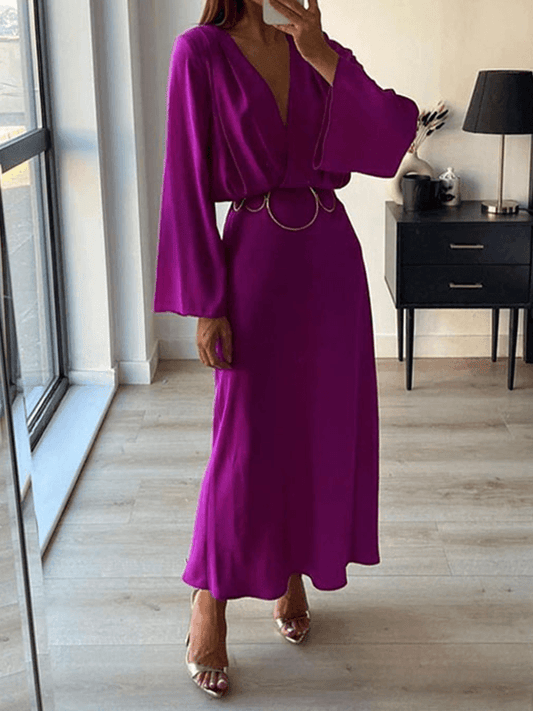 Inrosy mi-longue robe boutons dos nu v-cou manches trompette manches longues femme élégant vintage bal de promo