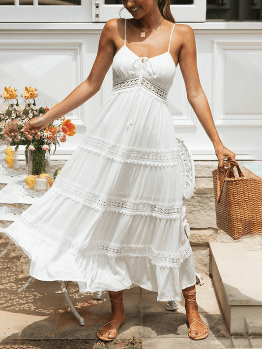 Inrosy robe longue dentelle fluide dos nu à fines brides v-cou sans manches femme bohème blanche