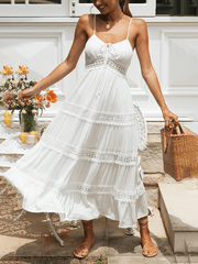 Inrosy robe longue dentelle fluide dos nu à fines brides v-cou sans manches femme bohème blanche