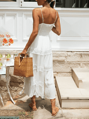 Inrosy robe longue dentelle fluide dos nu à fines brides v-cou sans manches femme bohème blanche