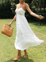 Inrosy robe longue dentelle fluide dos nu à fines brides v-cou sans manches femme bohème blanche