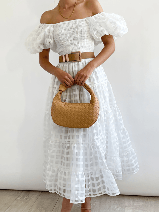 Inrosy mi-longue robe carreaux fluide col bateau manches courtes femme doux décontracté bal de promo cérémonie