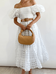 Inrosy mi-longue robe carreaux fluide col bateau manches courtes femme doux décontracté bal de promo cérémonie