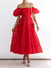 Inrosy mi-longue robe carreaux fluide col bateau manches courtes femme doux décontracté bal de promo cérémonie