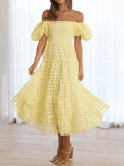 Inrosy mi-longue robe carreaux fluide col bateau manches courtes femme doux décontracté bal de promo cérémonie