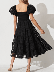 Inrosy mi-longue robe carreaux fluide col bateau manches courtes femme doux décontracté bal de promo cérémonie