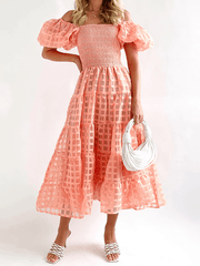 Inrosy mi-longue robe carreaux fluide col bateau manches courtes femme doux décontracté bal de promo cérémonie