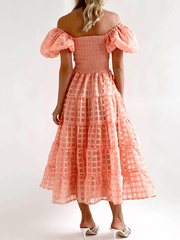 Inrosy mi-longue robe carreaux fluide col bateau manches courtes femme doux décontracté bal de promo cérémonie