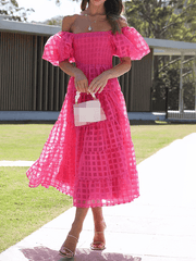 Inrosy mi-longue robe carreaux fluide col bateau manches courtes femme doux décontracté bal de promo cérémonie