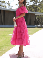 Inrosy mi-longue robe carreaux fluide col bateau manches courtes femme doux décontracté bal de promo cérémonie