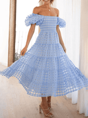 Inrosy mi-longue robe carreaux fluide col bateau manches courtes femme doux décontracté bal de promo cérémonie