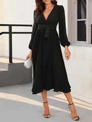 Inrosy mi-longue robe plissé boutons ceinture v-cou manches bishop manches longues femme élégant de cocktail soirée