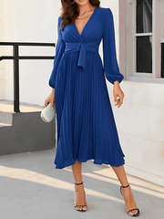 Inrosy mi-longue robe plissé boutons ceinture v-cou manches bishop manches longues femme élégant de cocktail soirée