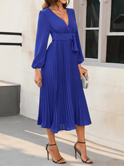 Inrosy mi-longue robe plissé boutons ceinture v-cou manches bishop manches longues femme élégant de cocktail soirée