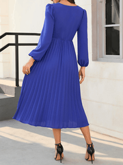 Inrosy mi-longue robe plissé boutons ceinture v-cou manches bishop manches longues femme élégant de cocktail soirée