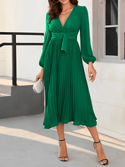 Inrosy mi-longue robe plissé boutons ceinture v-cou manches bishop manches longues femme élégant de cocktail soirée