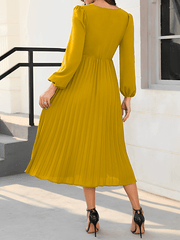 Inrosy mi-longue robe plissé boutons ceinture v-cou manches bishop manches longues femme élégant de cocktail soirée