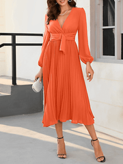 Inrosy mi-longue robe plissé boutons ceinture v-cou manches bishop manches longues femme élégant de cocktail soirée