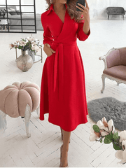 Inrosy mi-longue blouse robe trapèze fendu fluide nœud poches v-cou col revers manches longues élégant mode fete