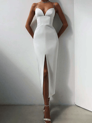 Inrosy robe longue moulante fendu le côté dos nu à fines brides v-cou sans manches femme élégant de promo cocktail