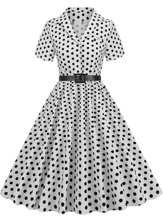 Inrosy robe patineuse trapèze à pois fluide boutons poches ceinture manches courtes élégant audrey hepburn vintage année 1950