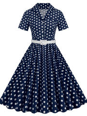 Inrosy robe patineuse trapèze à pois fluide boutons poches ceinture manches courtes élégant audrey hepburn vintage année 1950