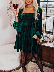 Inrosy mi-longue robe velours col carré dos nu manches longues casual mignon doux décontracté cocktail noël