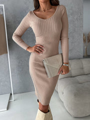 Inrosy mi-longue robe moulante unicolore v-cou manches longues femme casual élégant mode